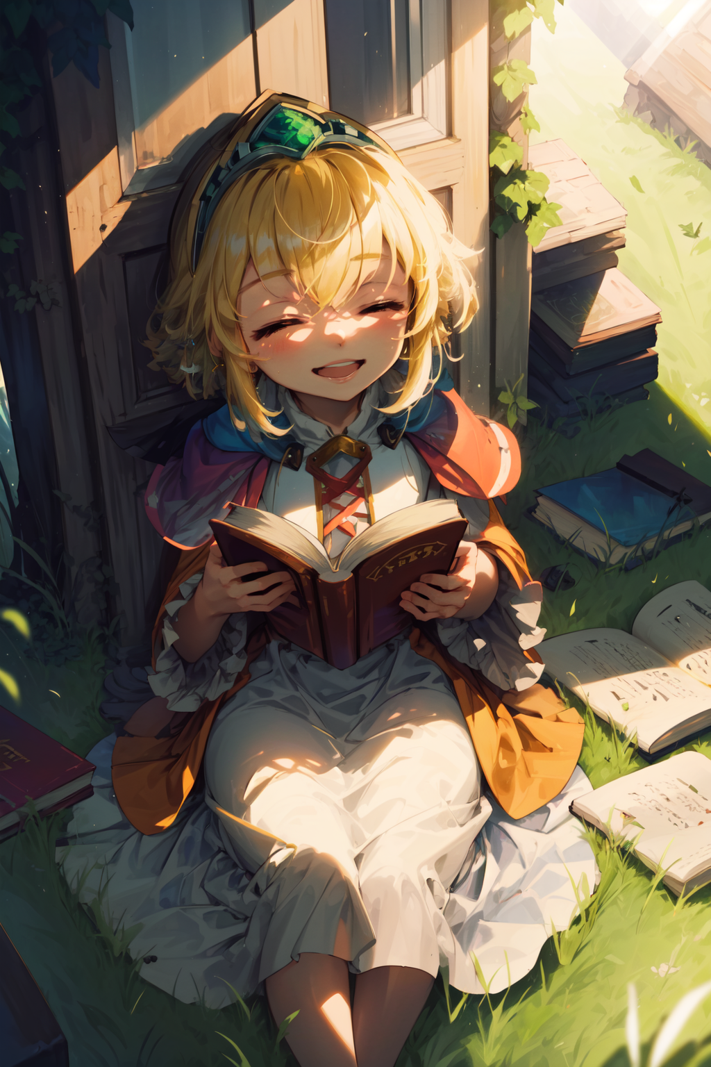 01086-1105658734-masterpiece,best quality,1girl,(solo),little princess,blonde,crown,cape,(long dress),laughing,closed eyes,sitting,holding book,g.png